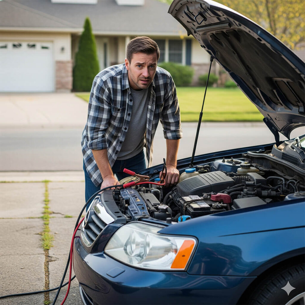 A man stands in his driveway, looking worriedly at the open hood of his car, which has a dead battery.