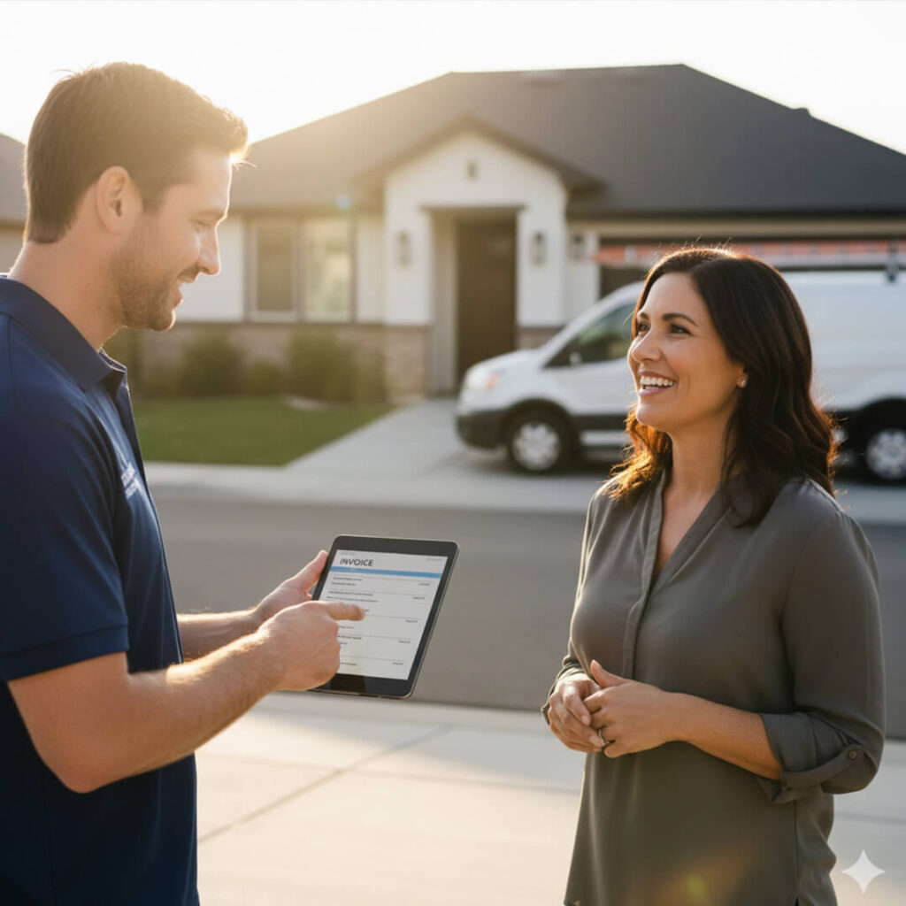 A mobile technician is showing a customer a digital invoice on a tablet, with the person nodding in agreement, smiling, in front of a residential house on the driveway.