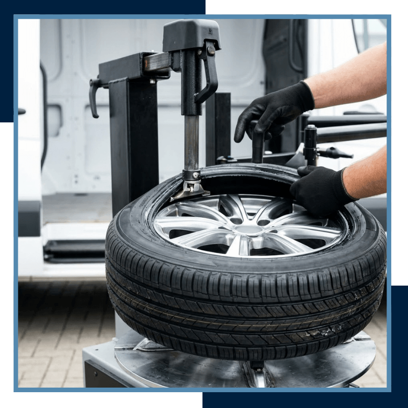 Professional technician mounting a new tire using mobile installation equipment.