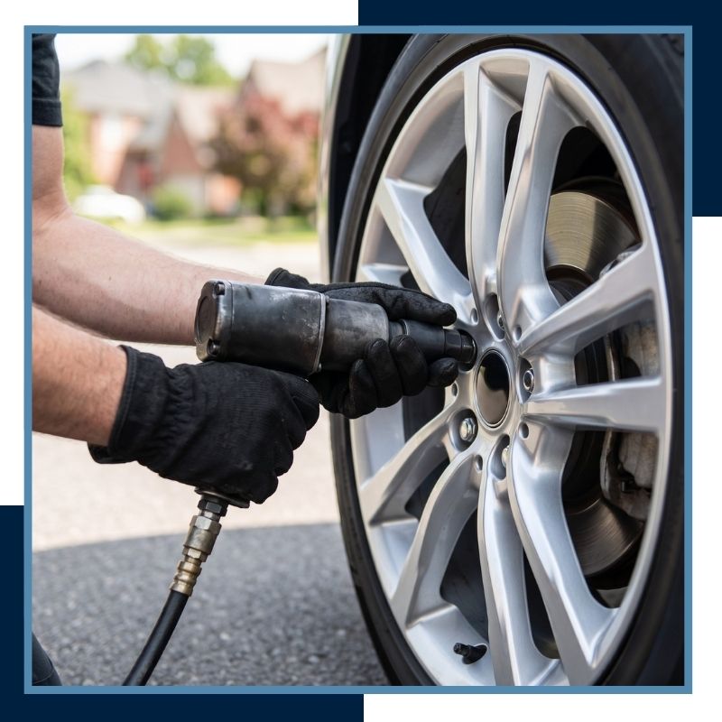 Close-up of gloved hands using a torque wrench to install a new tire on a car parked in a driveway.