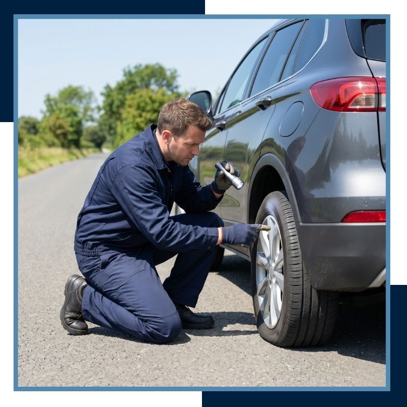 Technician inspecting a flat tire on an SUV parked on the side of a road during the day.