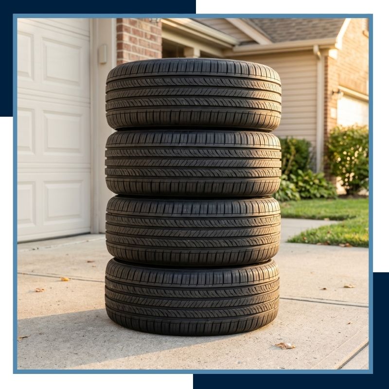 Stack of four brand new car tires sitting on a clean concrete residential driveway.