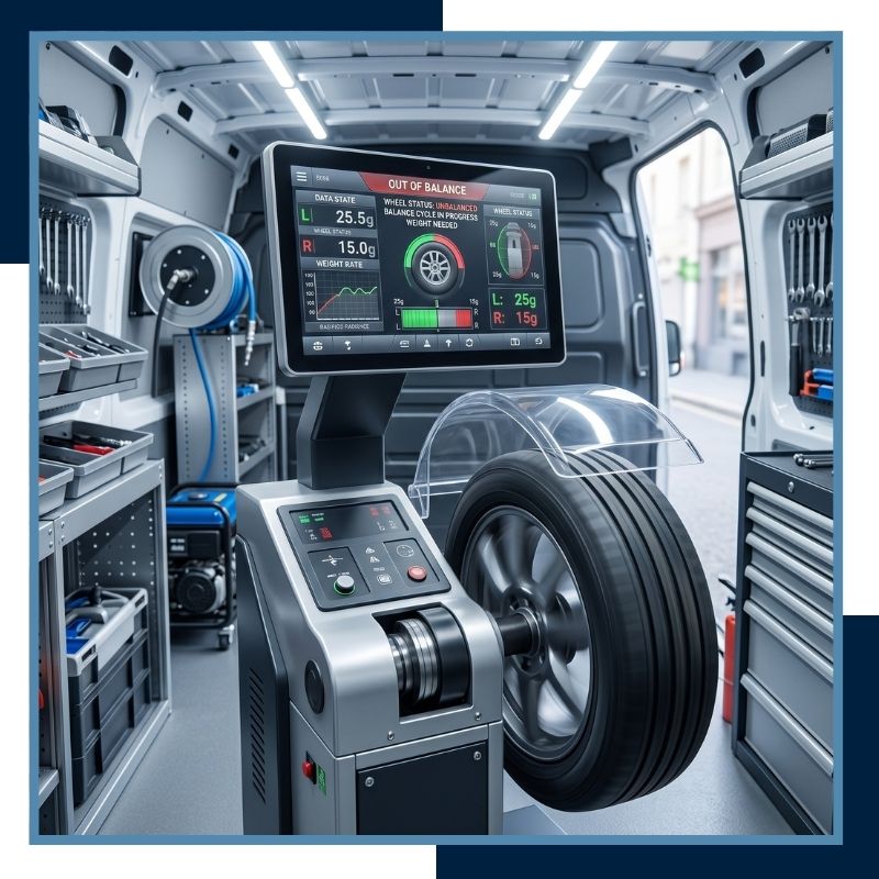 Close-up of a tire spinning on a high-tech wheel balancing machine inside a mobile service van.
