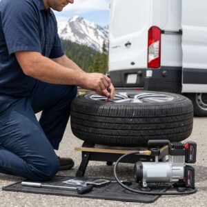 A technician with specialized equipment repairing a tire on-site.