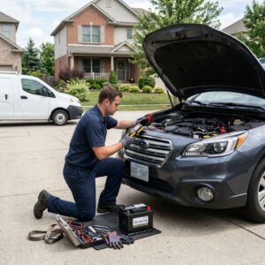 A professional testing and replacing a car battery in a home driveway.