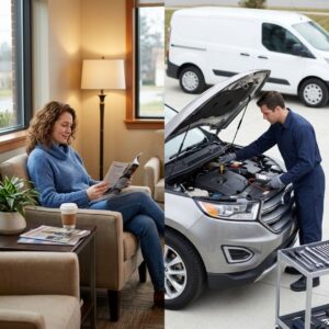 A driver relaxes inside while a technician services their vehicle outside.
