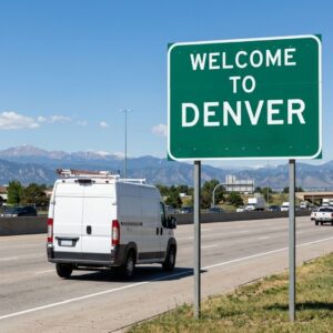 A mobile service van driving past a "Welcome to Denver" road sign.